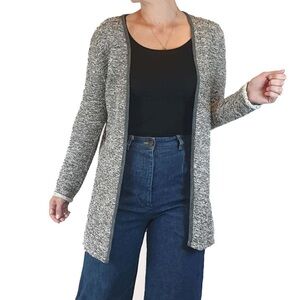 Cozy Longline Open Front Cardigan Speckled Grey White Textured Knit Size 3 S-L